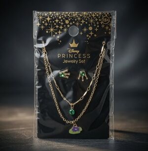 Disney Princess Tiana Gold Tone Necklace Crown Earrings Jewelry Set NIP